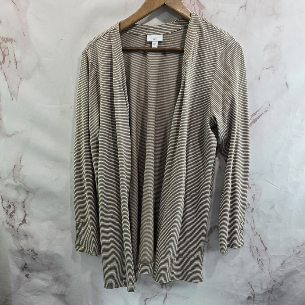 J Jill Cardigan Womens Large Brown White Sweater Lightweight Striped Open